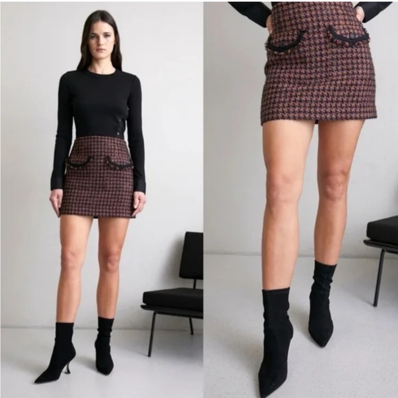 Veronica Beard Andriel Houndstooth Tween Mini Skirt Brown Black Navy Size 4 - Picture 3 of 10